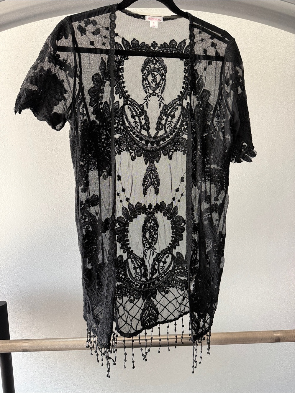 Xhilaration Black Sheer Embroidered Beaded Kimono